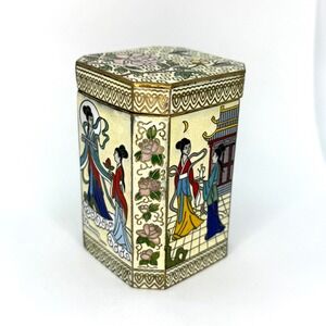 Vintage Cloisonne Trinket Box Asian Ladies Floral Octagon‎ enamel Butterfly